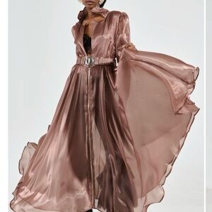 AKIRA Shimmering Maxi Coat or overlay dress in copper/Brown